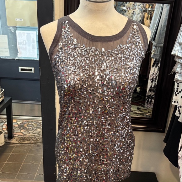 Armani Exchange Tops - Armani Exchange Sequin Mesh Tank Top in Charcoal Silver